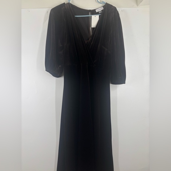 NWT Calvin Klein Velvet Puff Ballon Sleeve Midi V Neck Dress Coffee Brown 6 - Picture 2 of 7